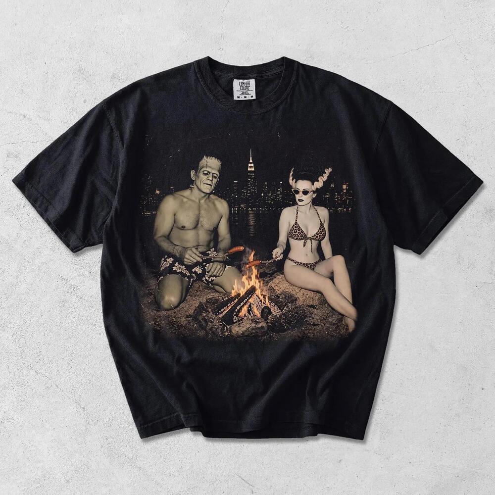 Frankenstein Bride Couple Bonfire Retro Classic Horror Gothic Halloween T Shirt